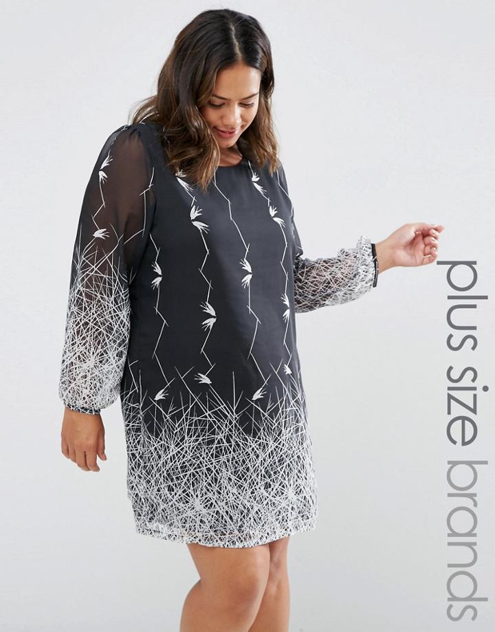Yumi Plus Shift Dress In Scratch Bird Print - Black