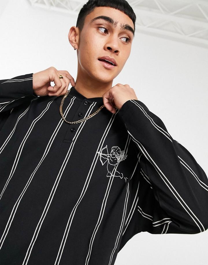 Asos Design Oversized Long Sleeve Stripe T-shirt With Bomber Neck In Black & White-multi