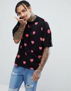 Asos Valentines Oversized T-shirt With All Over Heart Print - Black