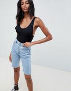 Asos Design Denim High Rise Longline Short In Midwash Blue - Blue