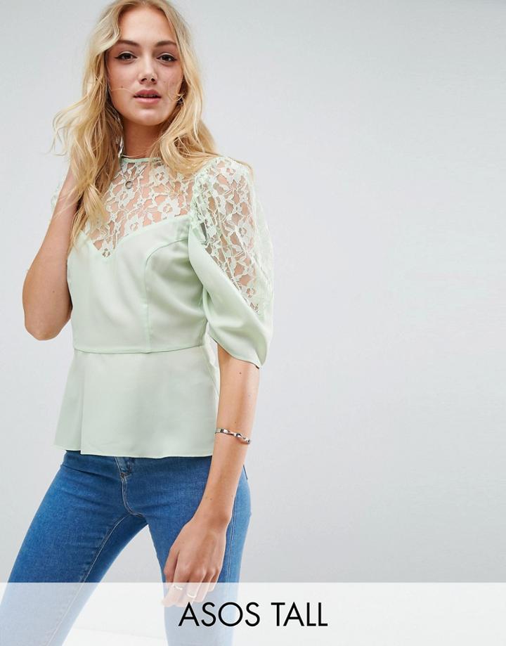 Asos Tall Puff Sleeve Lace Tea Blouse - Green