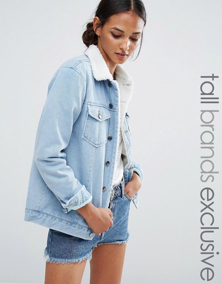 Daisy Street Tall Denim Jacket With Faux Shearling Trim - Blue
