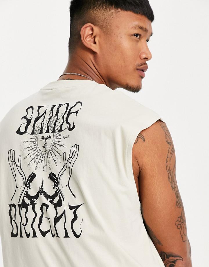 Asos Design Oversized Tank In Beige With Back Print-neutral