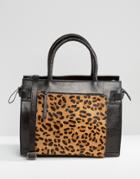 Urbancode Leather Tote Bag With Leopard Front Pocket - Black