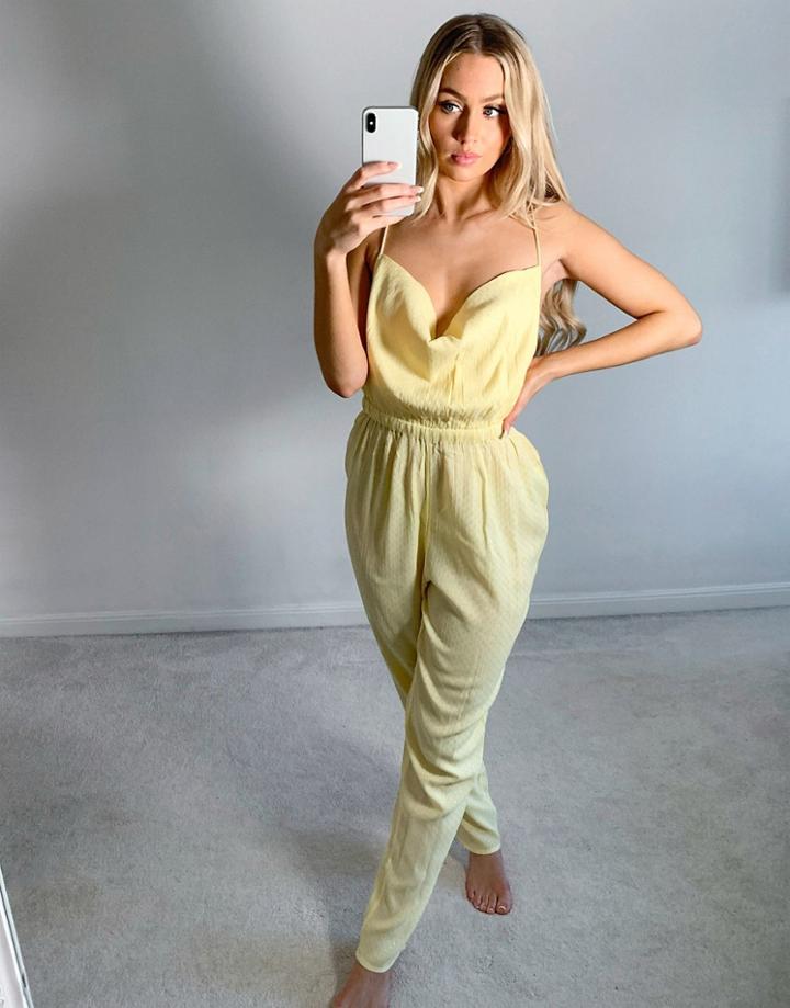 Asos Design Cowl Neck Textured Beach Jumpsuit In Soft Yellow