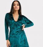 Asos Design Petite Exclusive Long Sleeve Plunge Velvet Mini Dress-green