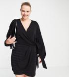 Asos Design Curve Wrap Slinky Blouson Sleeve Dress In Black