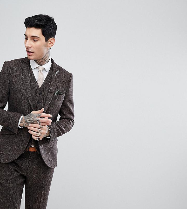 Heart & Dagger Skinny Suit Jacket In Harris Tweed In Herringbone - Brown