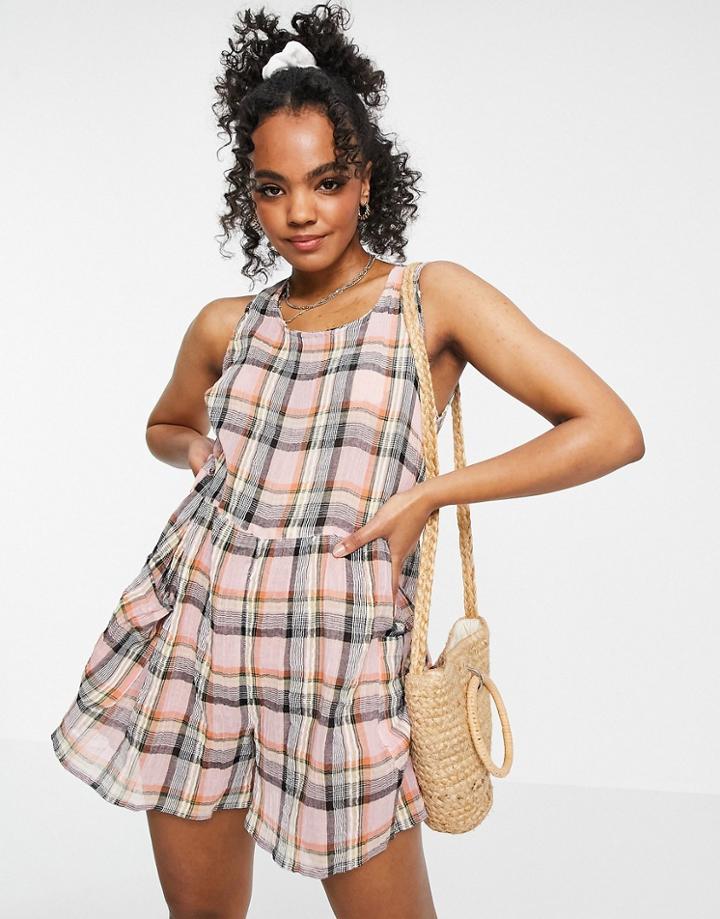 Asos Design Smock Sleeveless Textured Romper With Pockets In Multi Plaid