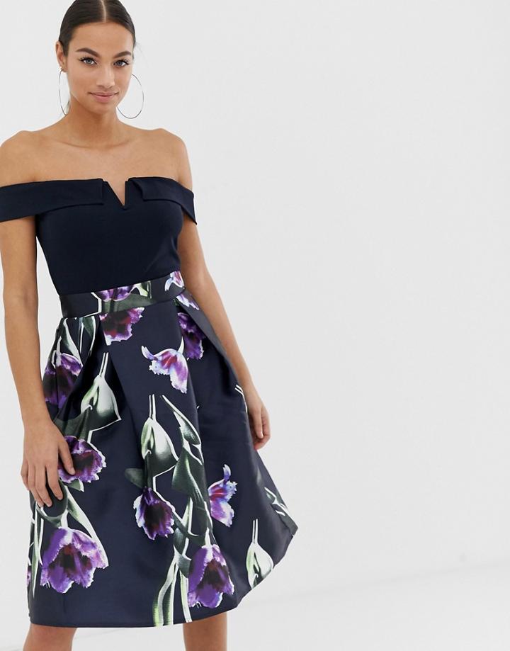 Ax Paris Bardot Full Skirt Dress - Navy