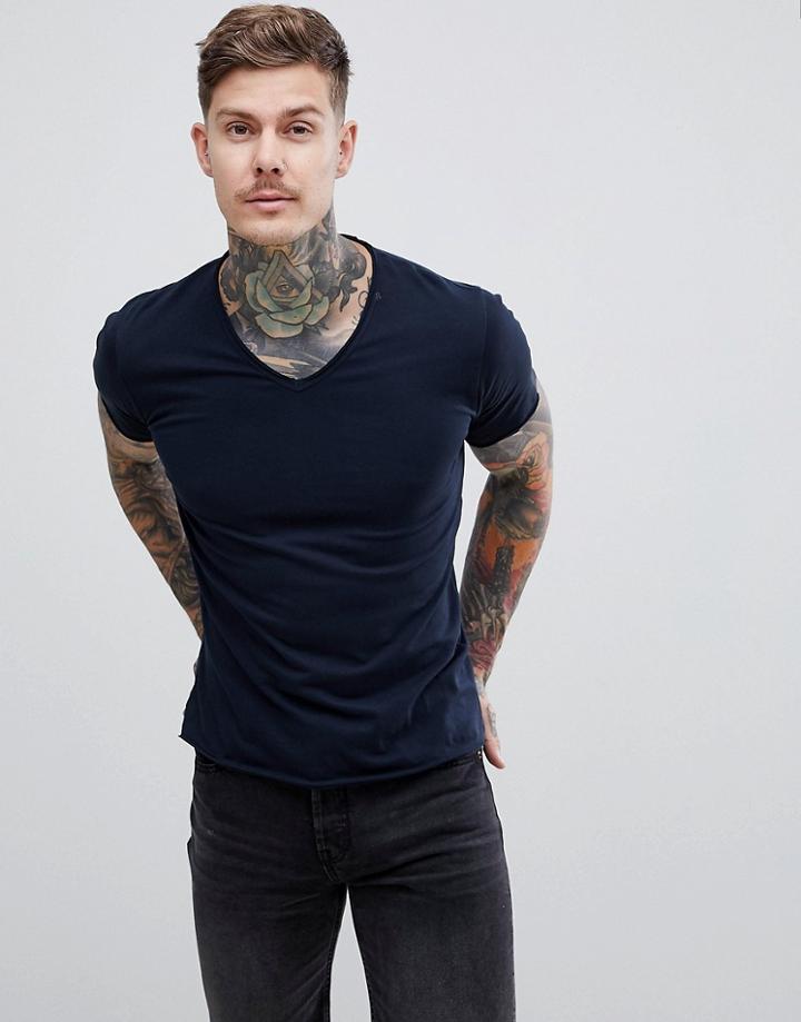 Replay Raw Hem V Neck T-shirt In Blue - Navy