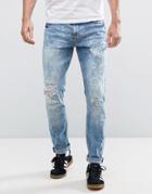 Threadbare Riley Skinny Fit Ripped Mid Wash Jeans - Blue