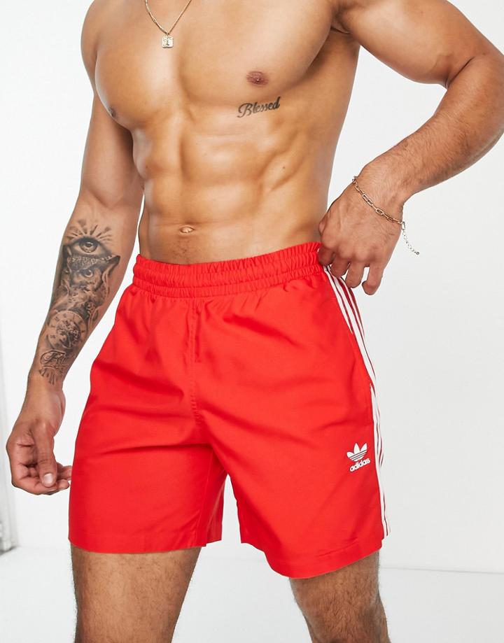 Adidas Originals Adicolor Three Stripe Swim Shorts In Red