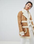 Neon Rose Collared Coat In Faux Shearling - Beige