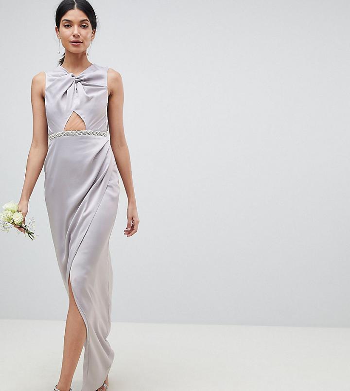 Asos Design Tall Pearl Trim Twist Front Maxi Dress-gray