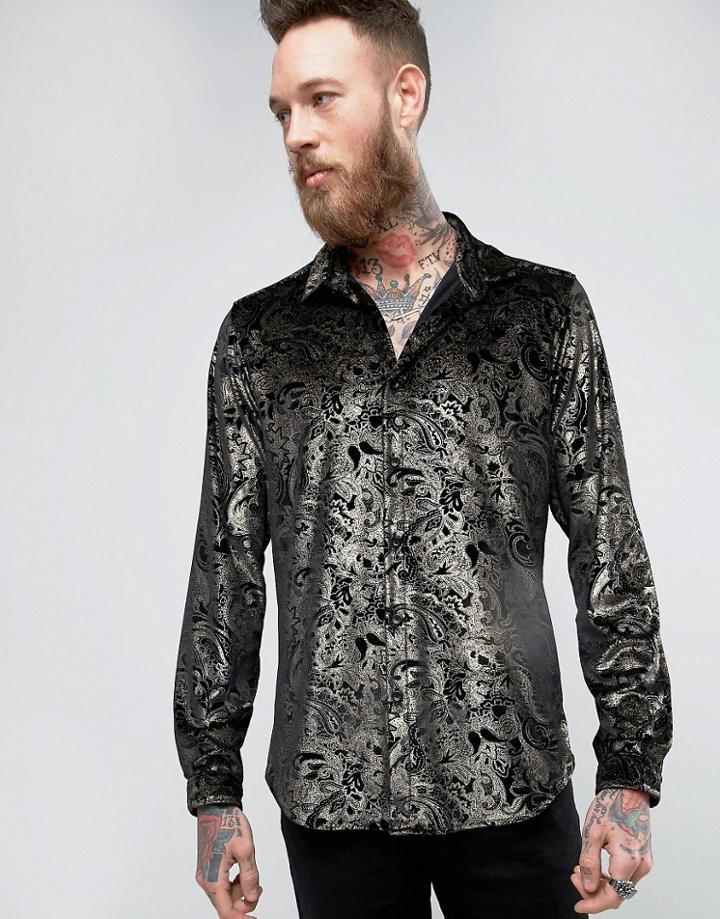 Asos Regular Fit Velvet Shirt With Gold Print - Black