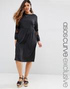 Asos Curve Long Sleeve Midi Dress With Lace Inserts - Black