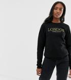 Asos Design Tall Sweat In Boyfriend Fit With Gold London Embroidery-black