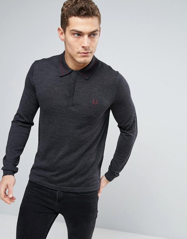 Fred Perry Knit Polo Tramline Tipped Long Sleeve In Gray Marl - Gray