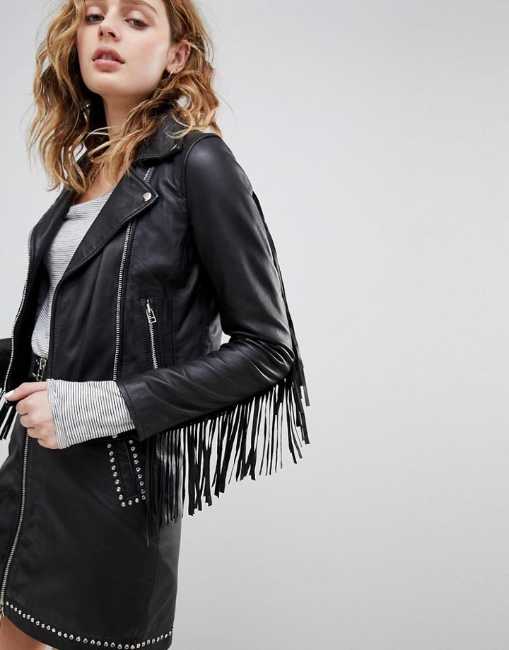 Goosecraft Leather Festival Biker Jacket With Fringing - Black