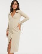 Asos Design Plunge Shirt Midi Dress With Tie Sleeves In Stone-neutral