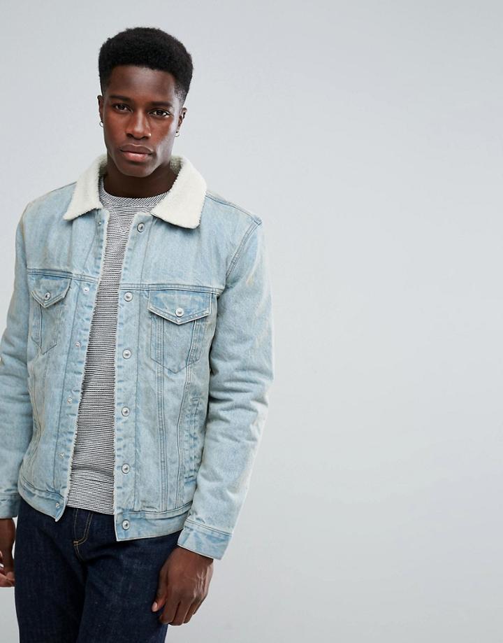 Stradivarius Denim Jacket With Fleece Collar In Light Wash - Blue
