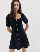 Asos Design Slubby Mini Tea Dress With Faux Shell Buttons - Black