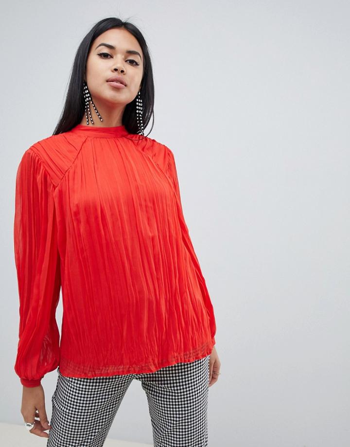 Asos Design Pleated Blouse With Tie Back Detail - Red