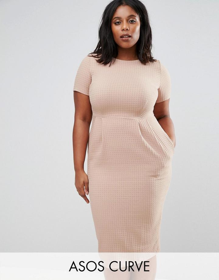 Asos Curve Midi Wiggle Dress In Texture - Beige