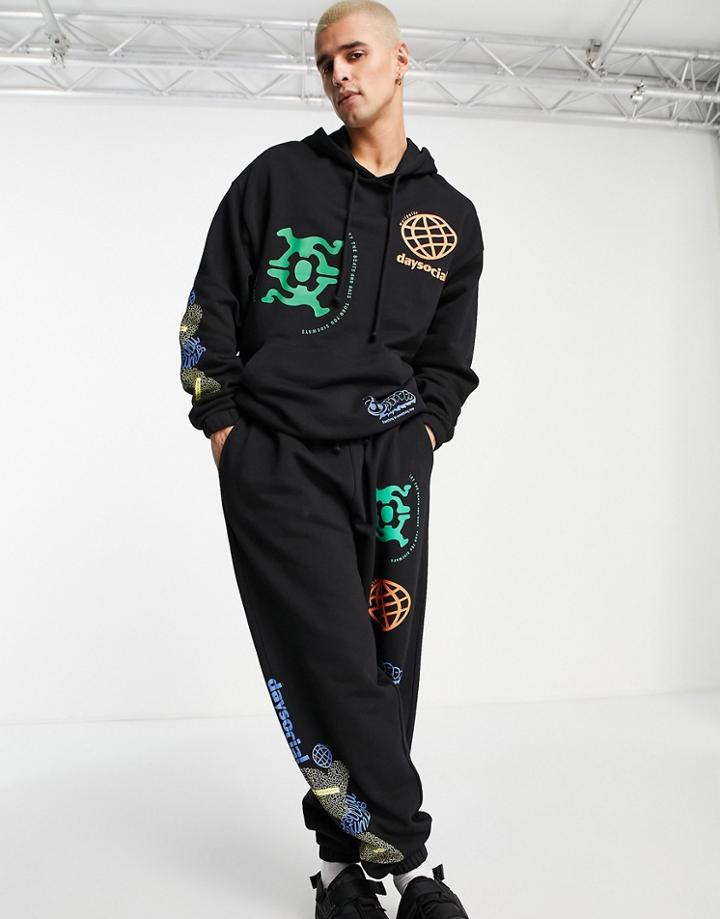 Asos Daysocial Oversized Hoodie With Multi Placement Logo In Black - Part Of A Set