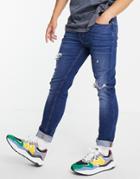 Asos Design Skinny Jeans In Dark Wash With Rips-blues