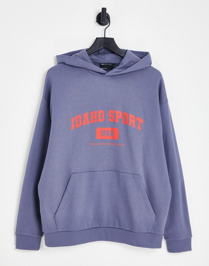 Asos Design Oversized Hoodie In Navy With Varsity Print-blue