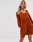 New Look Tiered Smock Dress In Rust - Orange