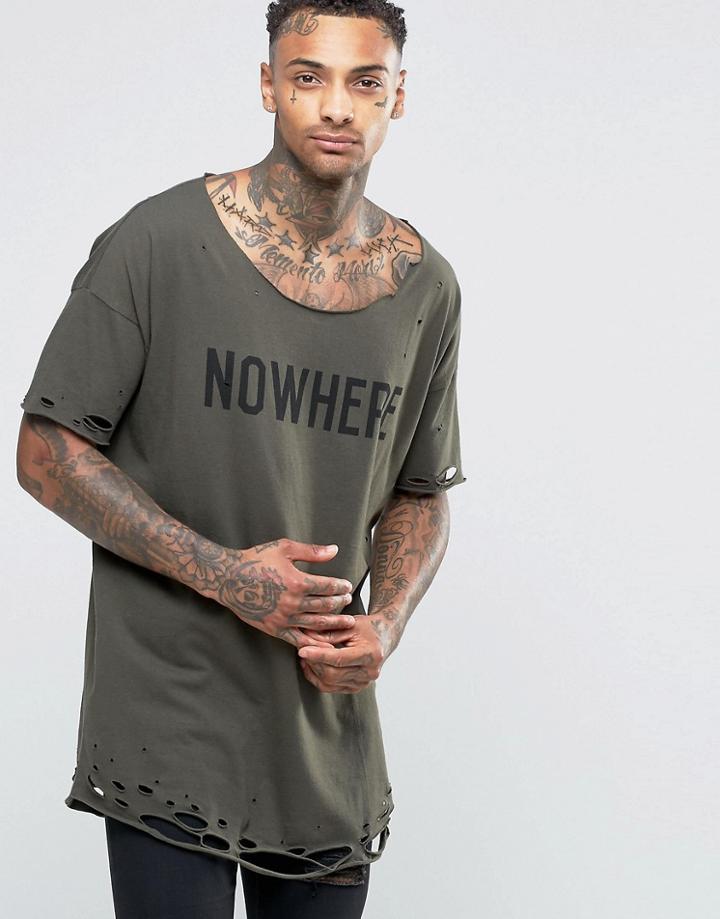 Asos Oversized T-shirt With Back Army Print And Heavy Distressing - Forest Night