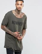 Asos Oversized T-shirt With Back Army Print And Heavy Distressing - Forest Night