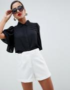 Asos Design Cropped Blouse With Flutter Sleeve-black