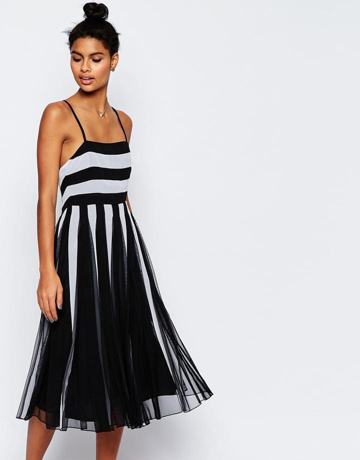 Asos Mono Mesh Fit And Flare Strappy Midi Dress - Mono
