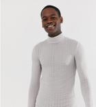 Asos Design Tall Muscle Fit Textured Roll Neck Sweater In Light Gray