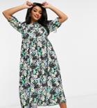 New Look Petite Puff Sleeve Tier Hem Midi Dress In Floral Print-pink