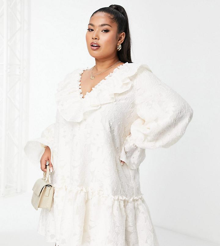 Asos Edition Curve Smock Dress With Ruffle Collar In Organza Jacquard In Cream-white