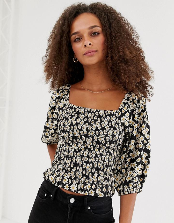 New Look Square Neck Puff Sleeve Blouse In Black Pattern