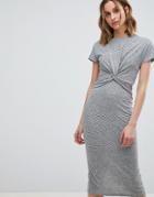 Allsaints Striped Midi Dress With Knot Front - Gray