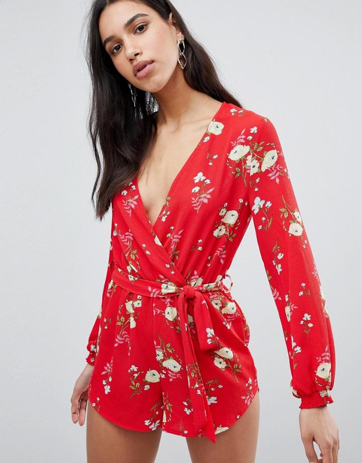 Parisian Floral Long Sleeve Wrap Romper - Red