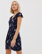 Qed London Wrap Front Tulip Dress In Floral Print-multi