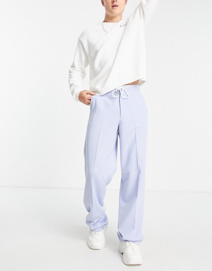 Asos Design Wide Leg Smart Pants With Drawcord In Blue-blues