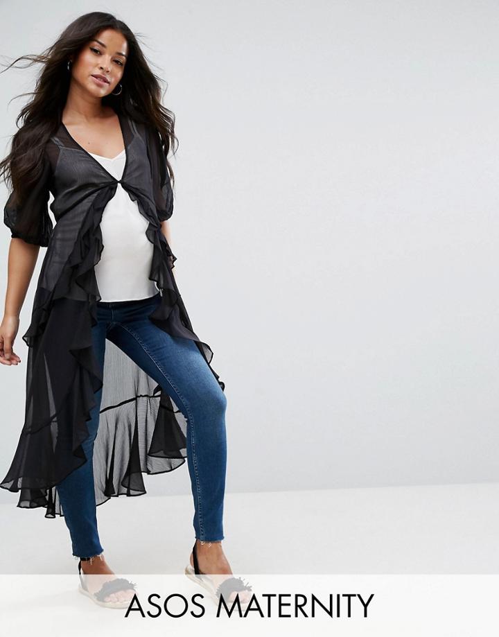 Asos Maternity Ultimate Ruffle Maxi Tea Blouse In Chiffon - Black