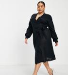 Asos Design Curve Knit Midi Wrap Dress With Balloon Sleeve-blues