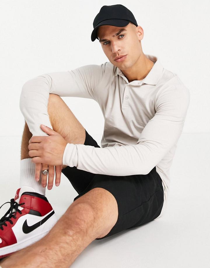 Asos Design Organic Long Sleeve Muscle Fit Jersey Polo In Cream-neutral