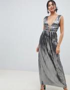 Asos Design Metallic Plisse Plunge Maxi Dress-silver