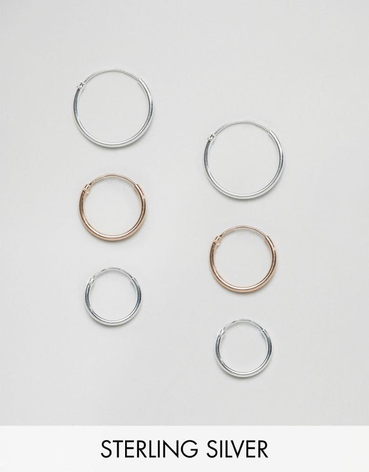 Asos Pack Of 3 Rose Gold Plated And Sterling Silver Hoops 12mm 14mm 16